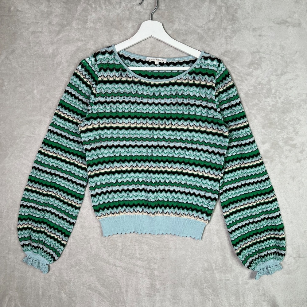 Ramy Brook Fiora Sweater Medium Pointelle Knit Green Blue Stripe Cotton
